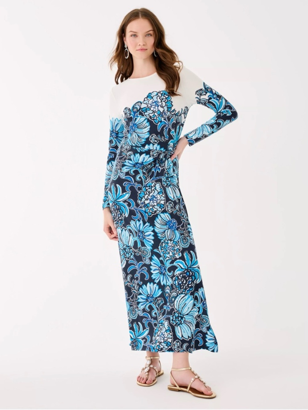 NWT Lilly Pulitzer XL Nyla Long Sleeve Maxi Dress “Low Tide Navy Juicy Story”